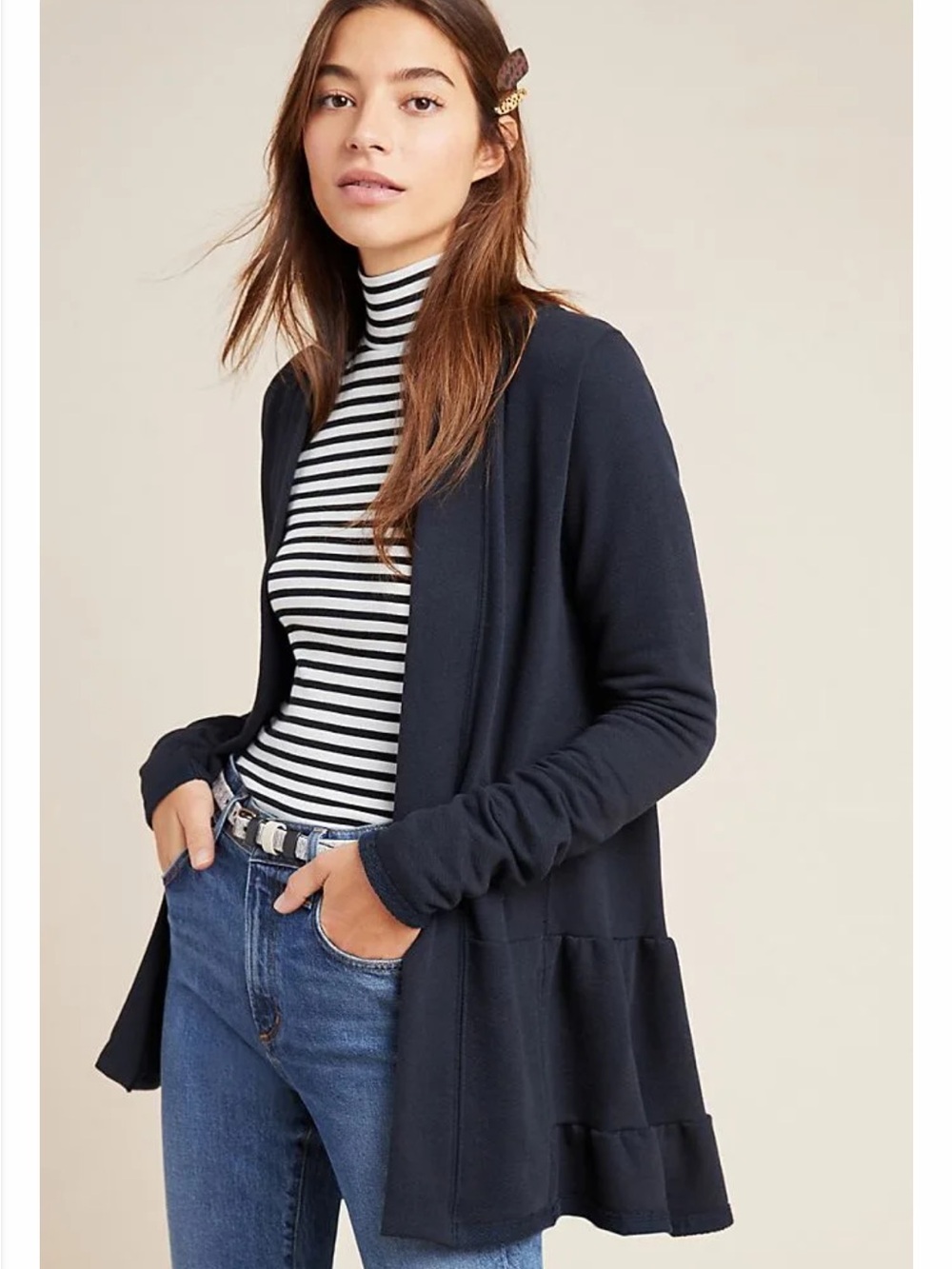 Anthropologie Women's Navy Open-Front Ruffle Hem Cardigan Sweater